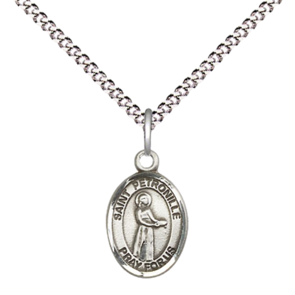 Small Sized Women's Pewter Saint Petronille Medal Pendant on 18 Inch Rhodium Plated Lite Curb Brass Chain with Lobster Claw Clasp, Catholic Religious Necklace - Made in USA- Velvet Gift Box