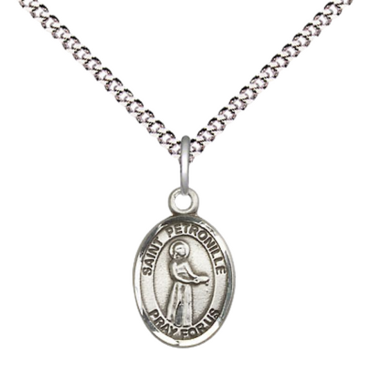 Small Sized Women's .925 Sterling Silver Saint St. Petronille Medal Pendant on 18 Inch Rhodium Plated Lite Curb Brass Chain with Lobster Claw Clasp, Catholic Religious Necklace - Made in USA- Velvet Gift Box
