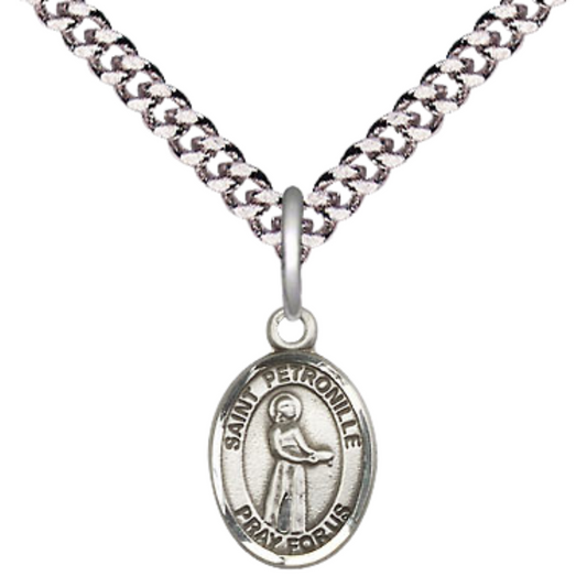 Small Sized Men's .925 Sterling Silver Saint St. Petronille Medal Pendant on 24 Inch Endless Rhodium Plated Heavy Curb Brass Chain, Catholic Religious Necklace - Made in USA- Deluxe Velvet Gift Box