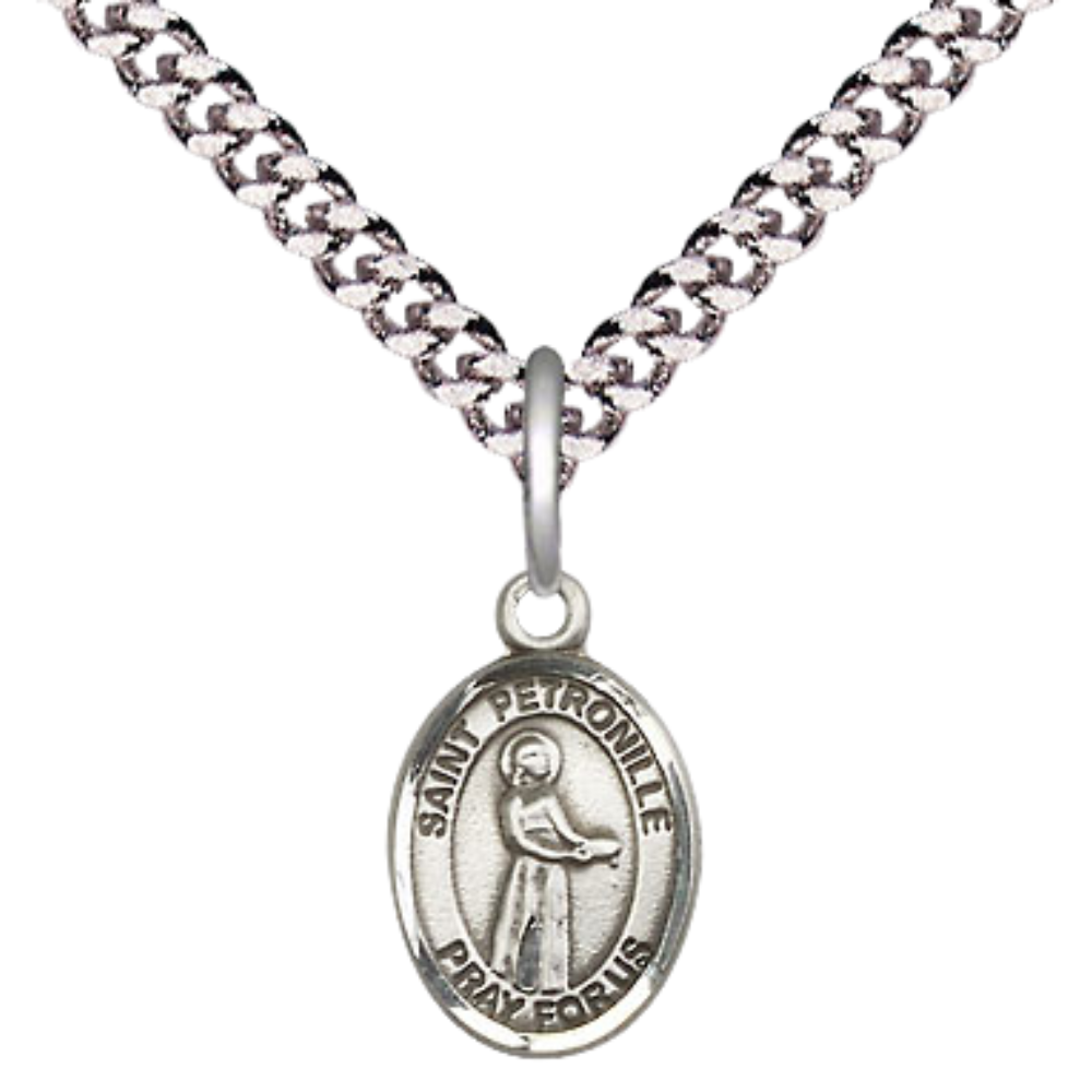 Small Sized Men's Pewter Saint St. Petronille Medal Pendant on 24 Inch Endless Rhodium Plated Heavy Curb Brass Chain, Catholic Religious Necklace - Made in USA- Deluxe Velvet Gift Box
