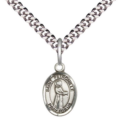 Small Sized Men's .925 Sterling Silver Saint St. Petronille Medal Pendant on 24 Inch Endless Rhodium Plated Heavy Curb Brass Chain, Catholic Religious Necklace - Made in USA- Deluxe Velvet Gift Box