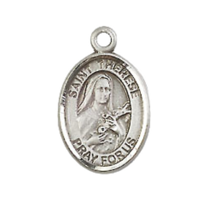 Small Sized Women's .925 Sterling Silver Saint St. Therese of Lisieux Medal Pendant on 18 Inch Rhodium Plated Lite Curb Brass Chain w/ Lobster Claw Clasp, Catholic Religious Necklace - Made in USA- Velvet Gift Box