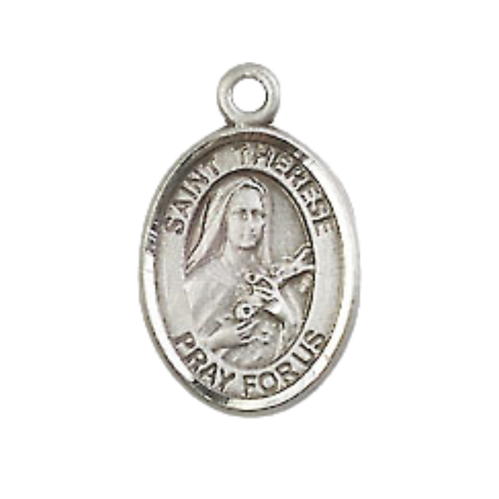 Small Sized Women's Pewter Saint Therese of Lisieux Medal Pendant on 18 Inch Rhodium Plated Lite Curb Brass Chain with Lobster Claw Clasp, Catholic Religious Necklace - Made in USA- Velvet Gift Box