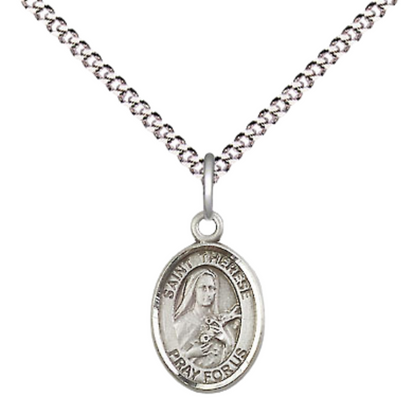 Small Sized Women's Pewter Saint Therese of Lisieux Medal Pendant on 18 Inch Rhodium Plated Lite Curb Brass Chain with Lobster Claw Clasp, Catholic Religious Necklace - Made in USA- Velvet Gift Box