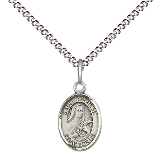 Small Sized Women's Pewter Saint Therese of Lisieux Medal Pendant on 18 Inch Rhodium Plated Lite Curb Brass Chain with Lobster Claw Clasp, Catholic Religious Necklace - Made in USA- Velvet Gift Box