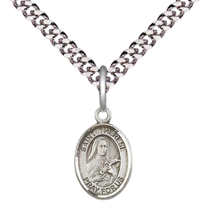 Small Sized Men's .925 Sterling Silver Saint St. Therese of Lisieux Medal Pendant on 24 Inch Endless Rhodium Plated Heavy Curb Brass Chain, Catholic Religious Necklace - Made in USA- Deluxe Velvet Gift Box