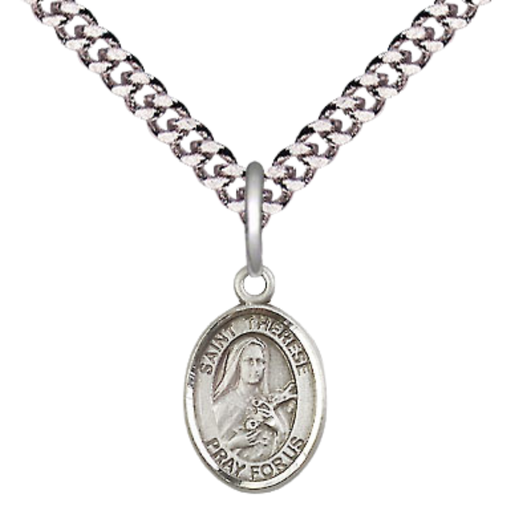 Small Sized Men's Pewter Saint St. Therese of Lisieux Medal Pendant on 24 Inch Endless Rhodium Plated Heavy Curb Brass Chain, Catholic Religious Necklace - Made in USA- Deluxe Velvet Gift Box
