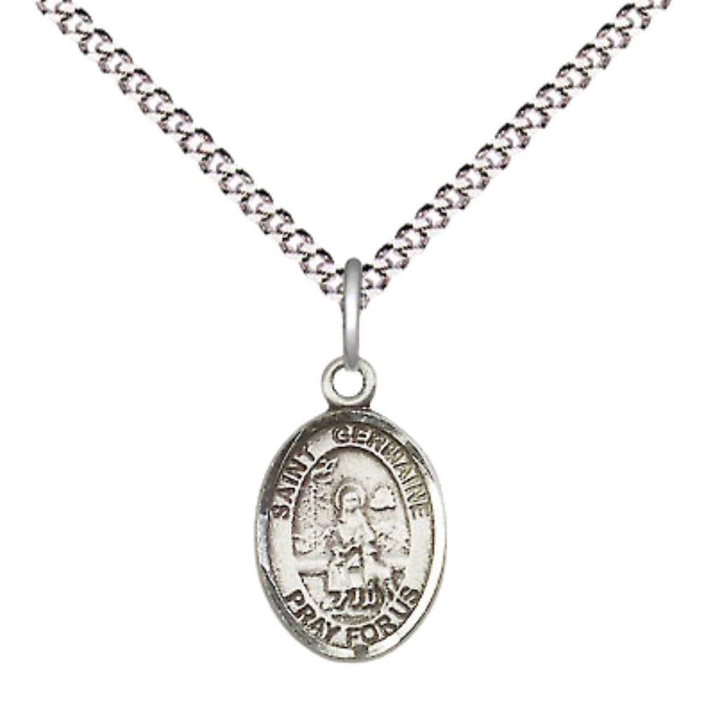 Small Sized Women's .925 Sterling Silver Saint St. Germaine Cousin Medal Pendant on 18 Inch Rhodium Plated Lite Curb Brass Chain with Lobster Claw Clasp, Catholic Religious Necklace - Made in USA- Velvet Gift Box