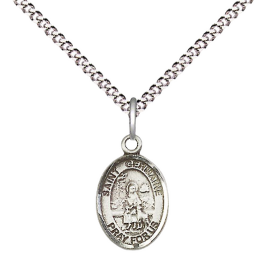Small Sized Women's .925 Sterling Silver Saint St. Germaine Cousin Medal Pendant on 18 Inch Rhodium Plated Lite Curb Brass Chain with Lobster Claw Clasp, Catholic Religious Necklace - Made in USA- Velvet Gift Box