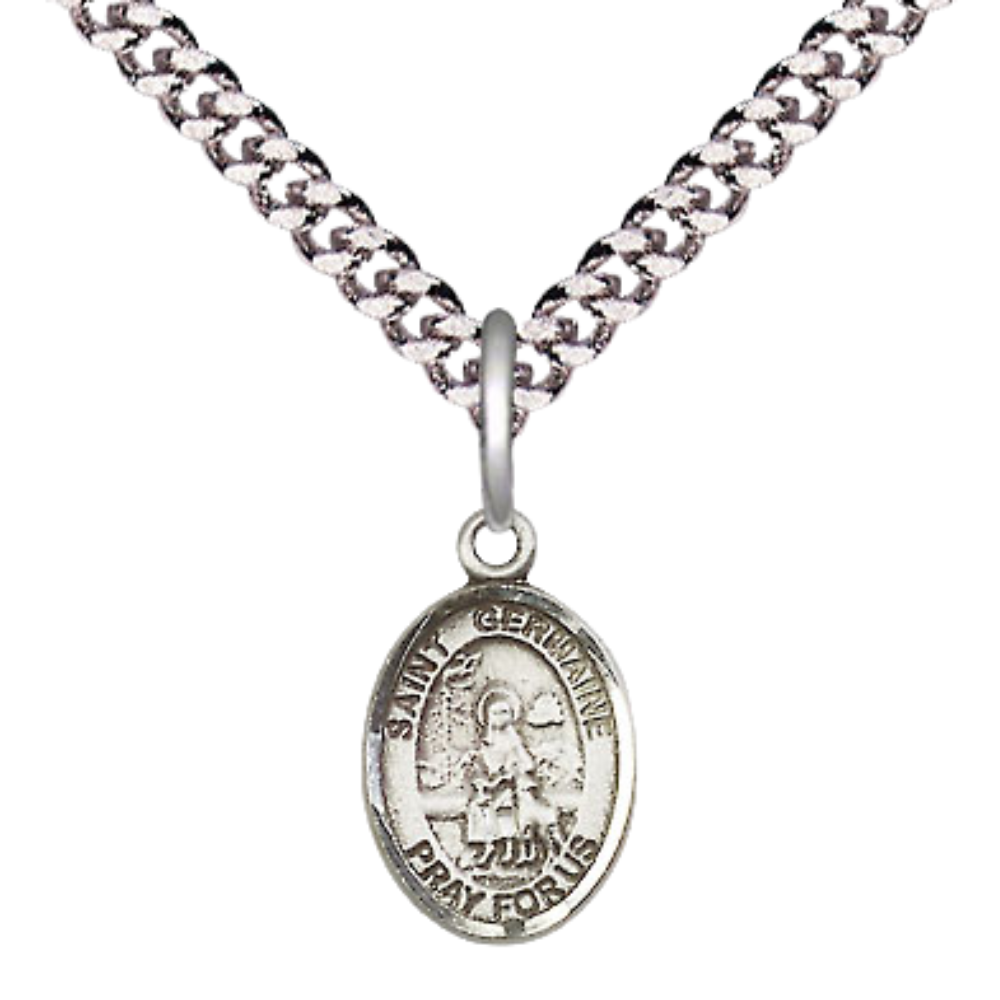 Small Sized Men's Pewter Saint St. Germaine Cousin Medal Pendant on 24 Inch Endless Rhodium Plated Heavy Curb Brass Chain, Catholic Religious Necklace - Made in USA- Deluxe Velvet Gift Box