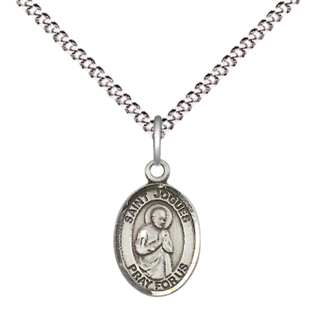 Small Sized Women's Pewter Saint St. Isaac Jogues Medal Pendant on 18 Inch Rhodium Plated Lite Curb Brass Chain with Lobster Claw Clasp, Catholic Religious Necklace - Made in USA- Velvet Gift Box