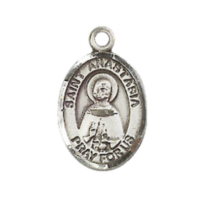 Small Sized Women's Pewter Saint St. Anastasia Medal Pendant on 18 Inch Rhodium Plated Lite Curb Brass Chain with Lobster Claw Clasp, Catholic Religious Necklace - Made in USA- Velvet Gift Box