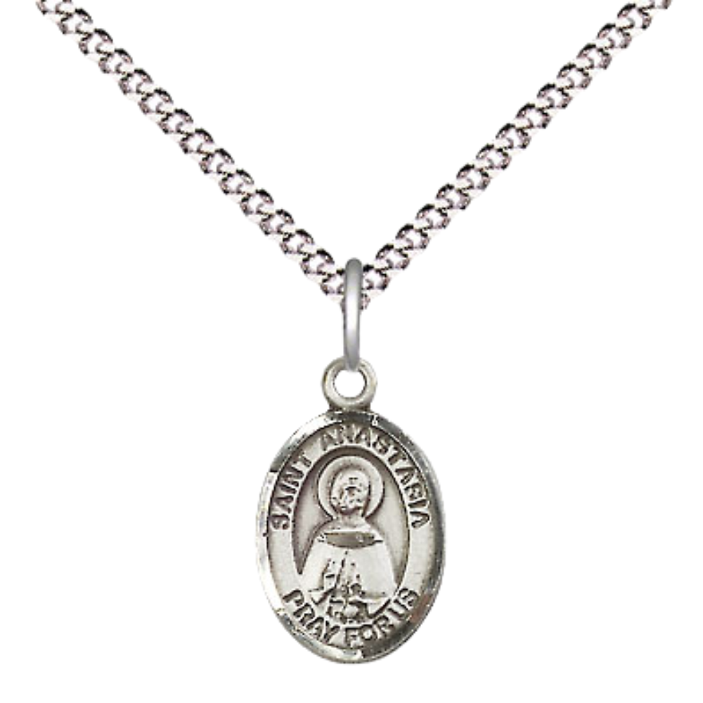 Small Sized Women's Pewter Saint St. Anastasia Medal Pendant on 18 Inch Rhodium Plated Lite Curb Brass Chain with Lobster Claw Clasp, Catholic Religious Necklace - Made in USA- Velvet Gift Box