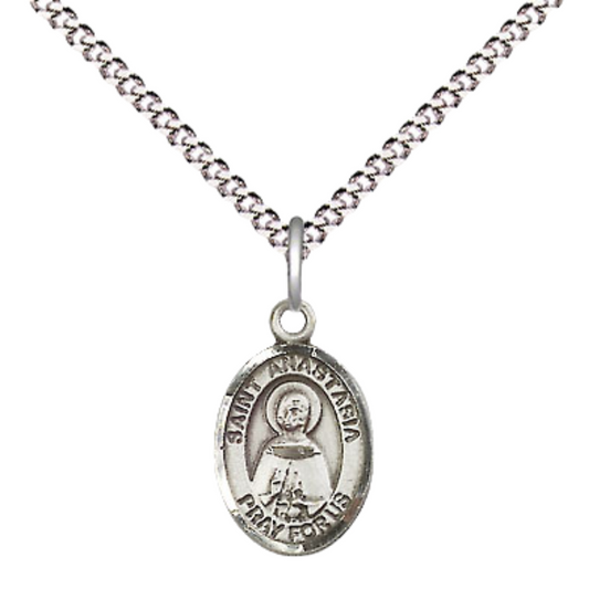 Small Sized Women's Pewter Saint St. Anastasia Medal Pendant on 18 Inch Rhodium Plated Lite Curb Brass Chain with Lobster Claw Clasp, Catholic Religious Necklace - Made in USA- Velvet Gift Box
