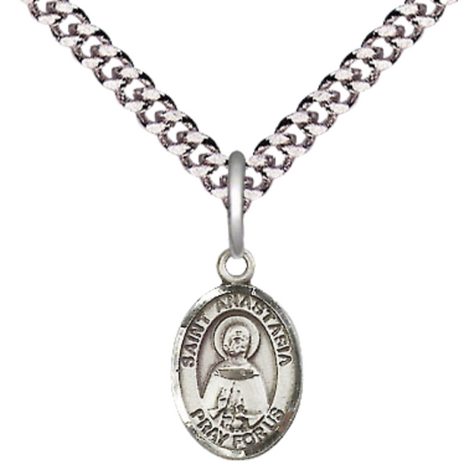 Small Sized Men's Pewter Saint St. Anastasia Medal Pendant on 24 Inch Endless Rhodium Plated Heavy Curb Brass Chain, Catholic Religious Necklace - Made in USA- Deluxe Velvet Gift Box