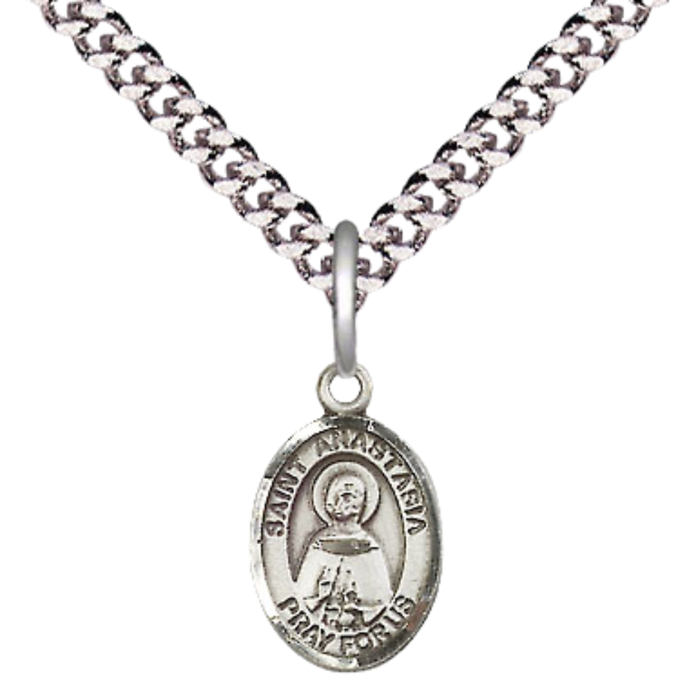 Small Sized Men's Pewter Saint St. Anastasia Medal Pendant on 24 Inch Endless Rhodium Plated Heavy Curb Brass Chain, Catholic Religious Necklace - Made in USA- Deluxe Velvet Gift Box