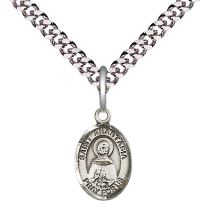Small Sized Men's .925 Sterling Silver Saint St. Anastasia Medal Pendant on 24 Inch Endless Rhodium Plated Heavy Curb Brass Chain, Catholic Religious Necklace - Made in USA- Deluxe Velvet Gift Box