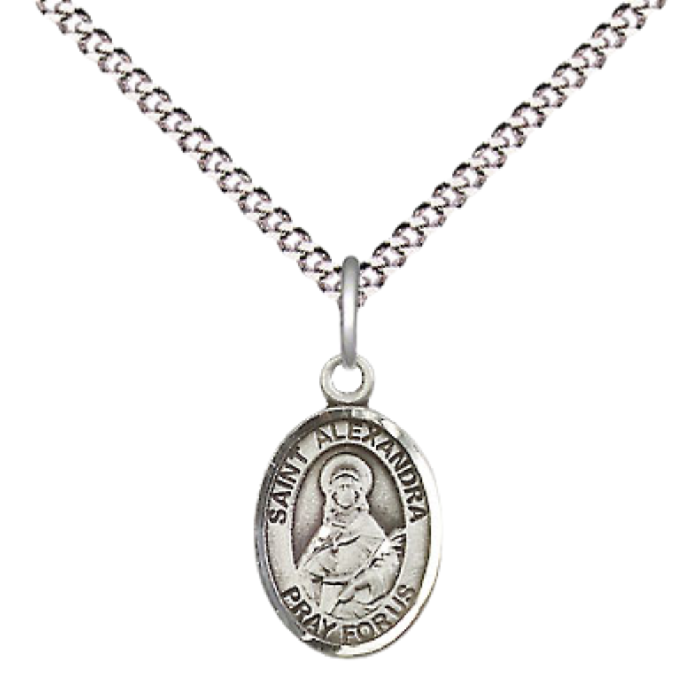 Small Sized Women's Pewter Saint St. Alexandra Medal Pendant on 18 Inch Rhodium Plated Lite Curb Brass Chain with Lobster Claw Clasp, Catholic Religious Necklace - Made in USA- Velvet Gift Box