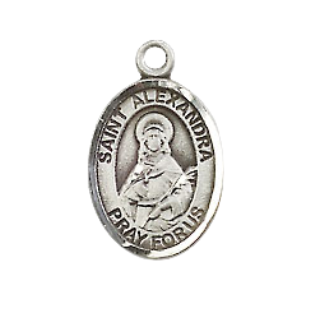 Small Sized Women's Pewter Saint St. Alexandra Medal Pendant on 18 Inch Rhodium Plated Lite Curb Brass Chain with Lobster Claw Clasp, Catholic Religious Necklace - Made in USA- Velvet Gift Box