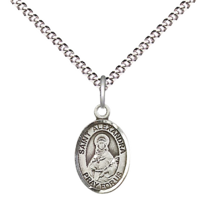 Small Sized Women's Pewter Saint St. Alexandra Medal Pendant on 18 Inch Rhodium Plated Lite Curb Brass Chain with Lobster Claw Clasp, Catholic Religious Necklace - Made in USA- Velvet Gift Box