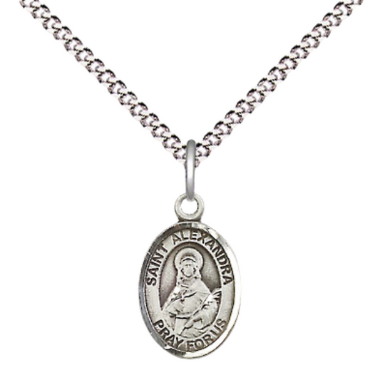 Small Sized Women's .925 Sterling Silver Saint St. Alexandra Medal Pendant on 18 Inch Rhodium Plated Lite Curb Brass Chain with Lobster Claw Clasp, Catholic Religious Necklace - Made in USA- Velvet Gift Box