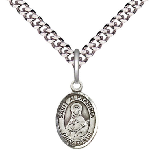 Small Sized Men's Pewter Saint St. Alexandra Medal Pendant on 24 Inch Endless Rhodium Plated Heavy Curb Brass Chain, Catholic Religious Necklace - Made in USA- Deluxe Velvet Gift Box