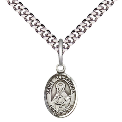 Small Sized Men's .925 Sterling Silver Saint St. Alexandra Medal Pendant on 24 Inch Endless Rhodium Plated Heavy Curb Brass Chain, Catholic Religious Necklace - Made in USA- Deluxe Velvet Gift Box