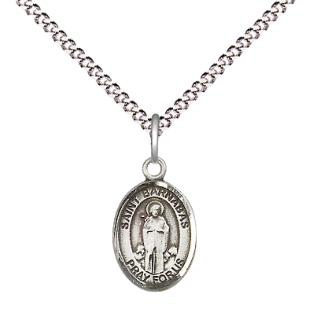 Small Sized Women's Pewter Saint St. Barnabas Medal Pendant on 18 Inch Rhodium Plated Lite Curb Brass Chain with Lobster Claw Clasp, Catholic Religious Necklace - Made in USA- Velvet Gift Box