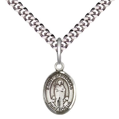 Small Sized Men's Pewter Saint St. Barnabas Medal Pendant on 24 Inch Endless Rhodium Plated Heavy Curb Brass Chain, Catholic Religious Necklace - Made in USA- Deluxe Velvet Gift Box