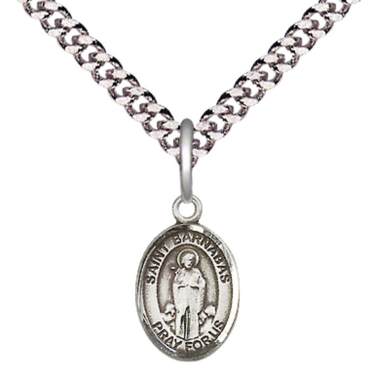 Small Sized Men's Pewter Saint St. Barnabas Medal Pendant on 24 Inch Endless Rhodium Plated Heavy Curb Brass Chain, Catholic Religious Necklace - Made in USA- Deluxe Velvet Gift Box
