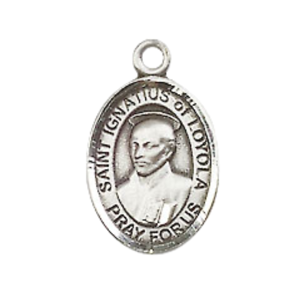 Small Sized Men's Pewter Saint St. Ignatius of Loyola Medal Pendant on 24 Inch Endless Rhodium Plated Heavy Curb Brass Chain, Catholic Religious Necklace - Made in USA- Deluxe Velvet Gift Box