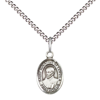 Small Sized Women's Pewter Saint Ignatius of Loyola Medal Pendant on 18 Inch Rhodium Plated Lite Curb Brass Chain with Lobster Claw Clasp, Catholic Religious Necklace - Made in USA- Velvet Gift Box