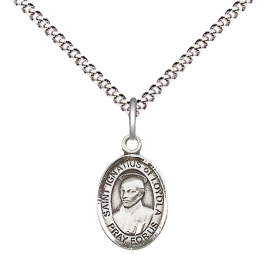 Small Sized Women's Pewter Saint Ignatius of Loyola Medal Pendant on 18 Inch Rhodium Plated Lite Curb Brass Chain with Lobster Claw Clasp, Catholic Religious Necklace - Made in USA- Velvet Gift Box