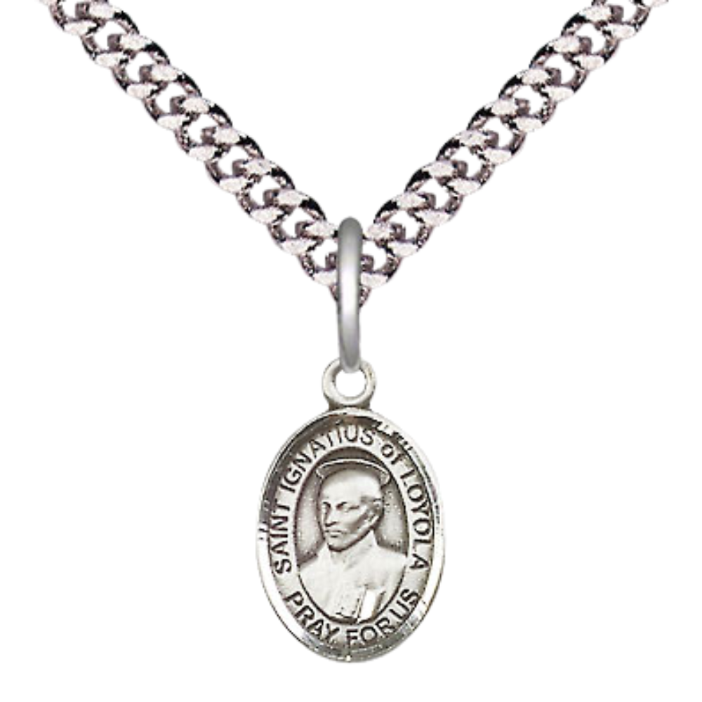 Small Sized Men's Pewter Saint St. Ignatius of Loyola Medal Pendant on 24 Inch Endless Rhodium Plated Heavy Curb Brass Chain, Catholic Religious Necklace - Made in USA- Deluxe Velvet Gift Box