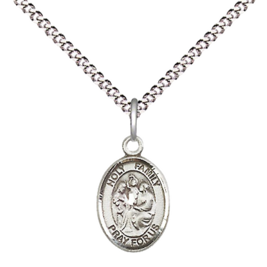 Small Sized Women's .925 Sterling Silver Holy Family Medal Pendant on 18 Inch Rhodium Plated Lite Curb Brass Chain with Lobster Claw Clasp, Catholic Religious Necklace - Made in USA- Velvet Gift Box