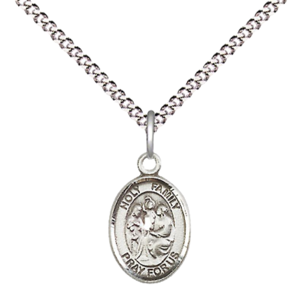 Small Sized Women's Pewter Holy Family Medal Pendant on 18 Inch Rhodium Plated Lite Curb Brass Chain with Lobster Claw Clasp, Catholic Religious Necklace - Made in USA- Velvet Gift Box