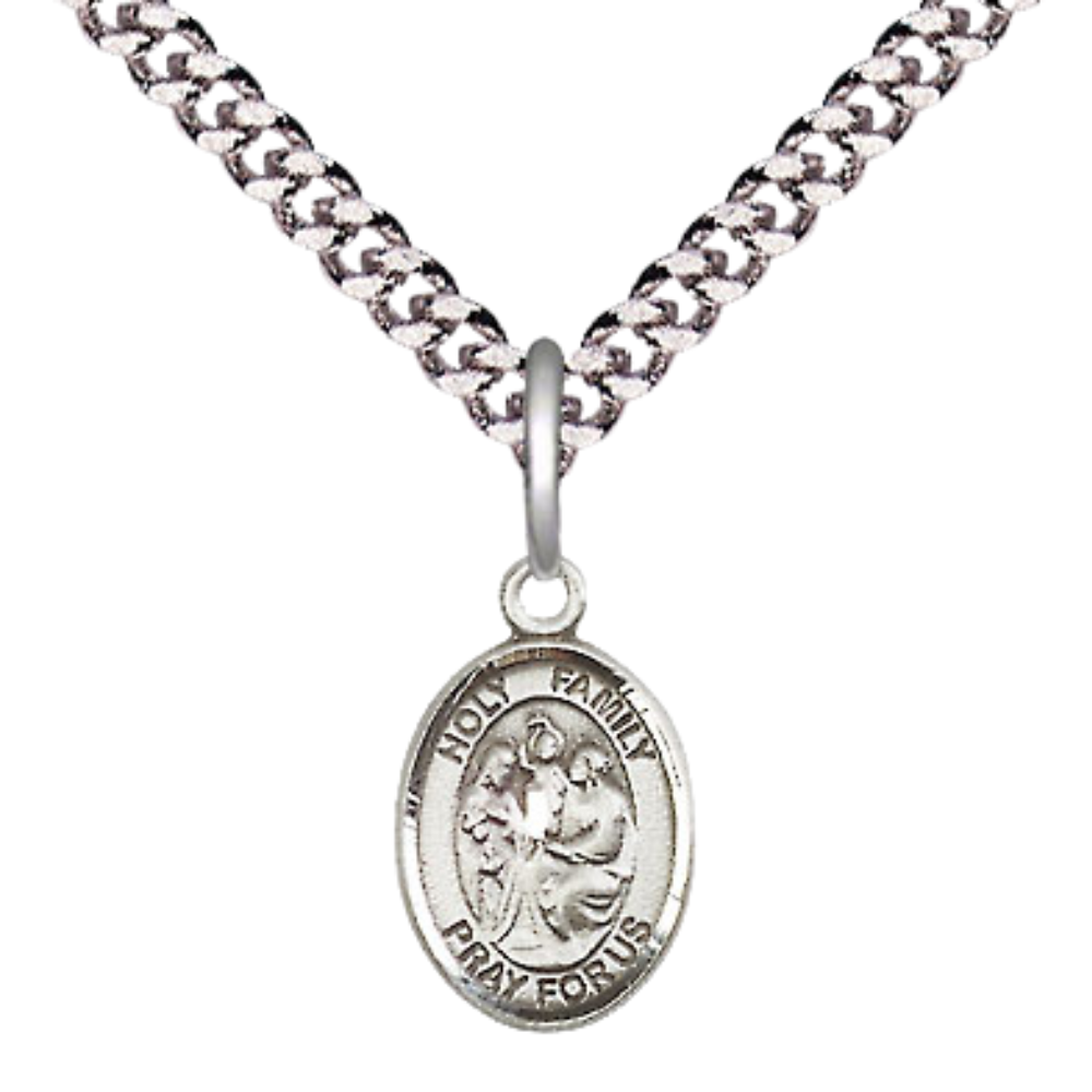 Small Sized Men's .925 Sterling Silver Holy Family Medal Pendant on 24 Inch Endless Rhodium Plated Heavy Curb Brass Chain, Catholic Religious Necklace - Made in USA- Deluxe Velvet Gift Box