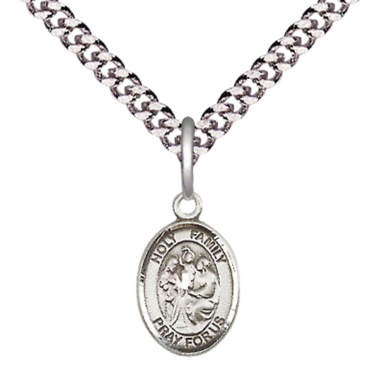 Everlasting Light Jewelry Small Sized Men's Pewter Holy Family Medal Pendant on 24 Inch Endless Rhodium Plated Heavy Curb Brass Chain, Catholic Religious Necklace - Made in USA- Deluxe Velvet Gift Box