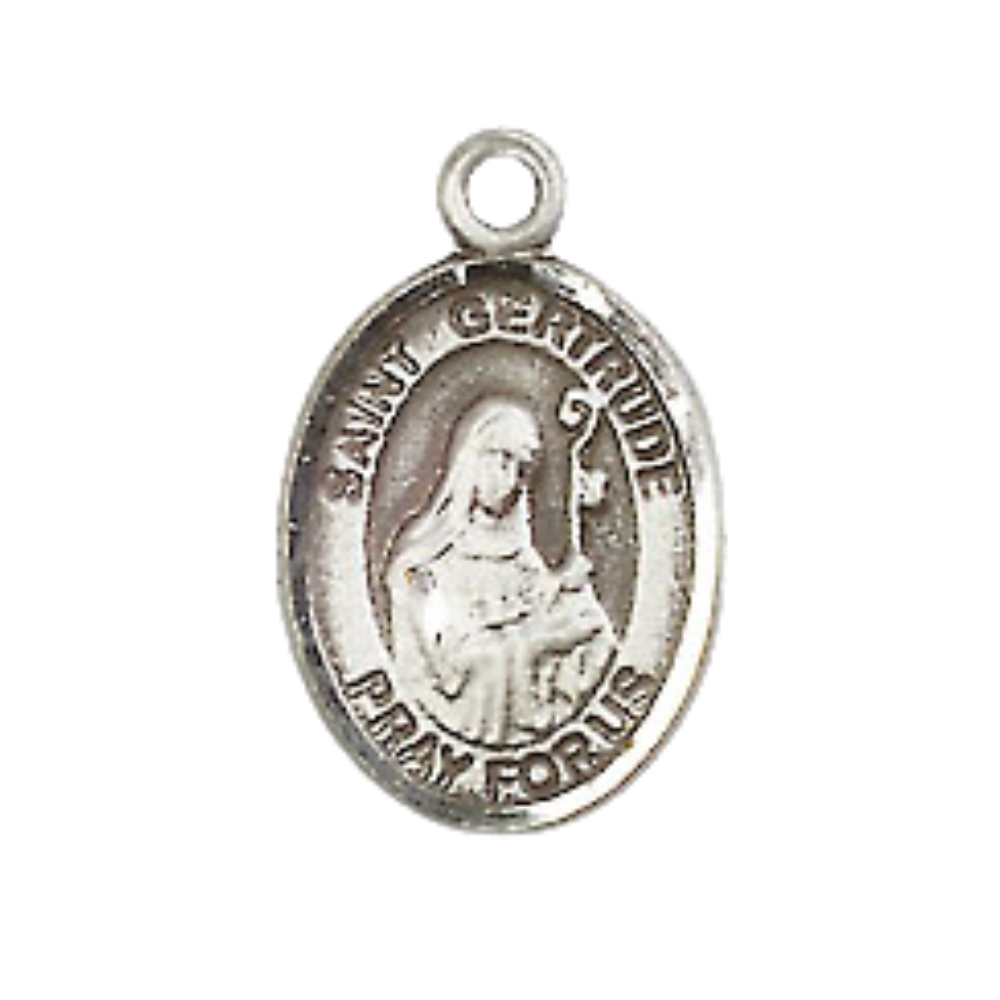 Small Sized Women's Pewter Saint St. Gertrude of Nivelles Medal Pendant on 18 Inch Rhodium Plated Lite Curb Brass Chain with Lobster Claw Clasp, Catholic Religious Necklace - Made in USA- Velvet Gift Box