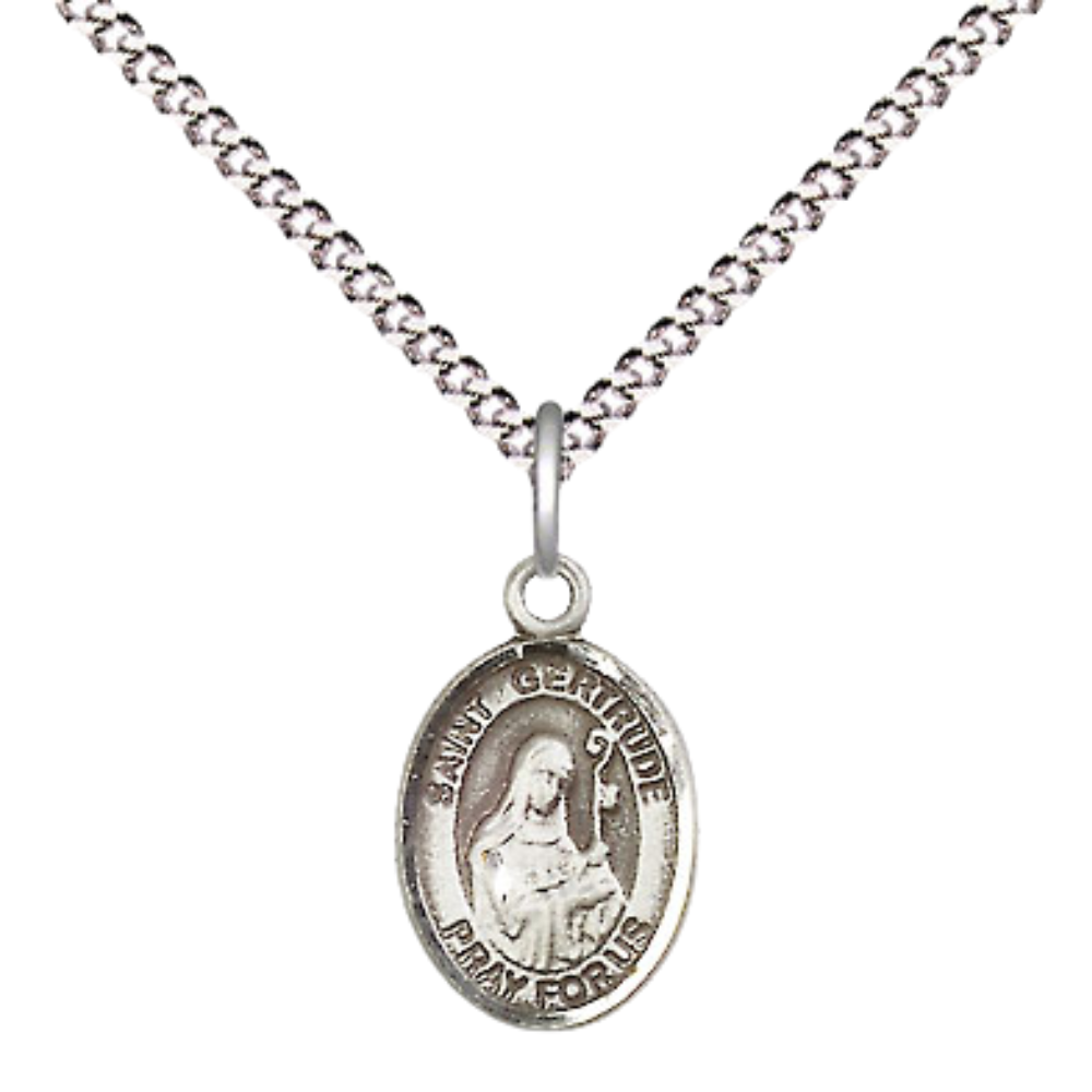Small Sized Women's Pewter Saint St. Gertrude of Nivelles Medal Pendant on 18 Inch Rhodium Plated Lite Curb Brass Chain with Lobster Claw Clasp, Catholic Religious Necklace - Made in USA- Velvet Gift Box