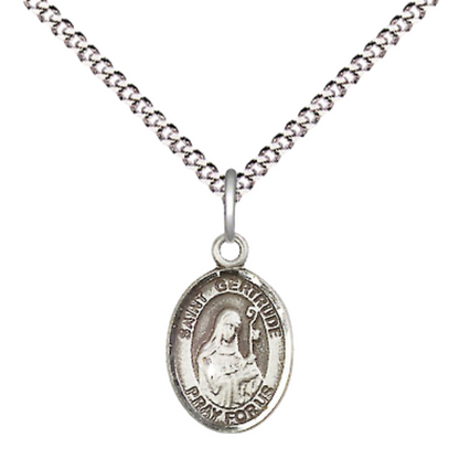 Small Sized Women's Pewter Saint St. Gertrude of Nivelles Medal Pendant on 18 Inch Rhodium Plated Lite Curb Brass Chain with Lobster Claw Clasp, Catholic Religious Necklace - Made in USA- Velvet Gift Box