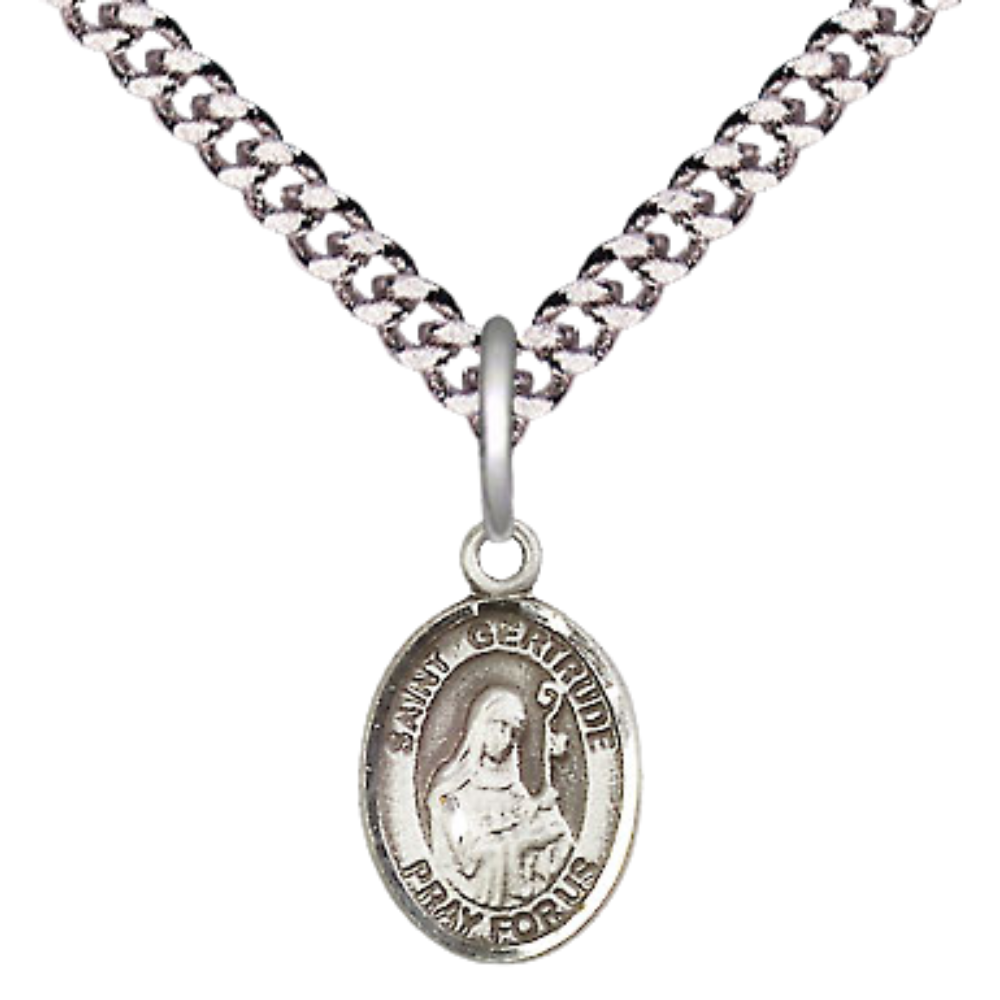 Small Sized Men's Pewter Saint St. Gertrude of Nivelles Medal Pendant on 24 Inch Endless Rhodium Plated Heavy Curb Brass Chain, Catholic Religious Necklace - Made in USA- Deluxe Velvet Gift Box