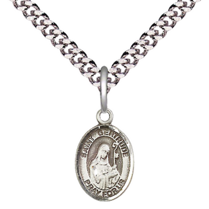 Small Sized Men's Pewter Saint St. Gertrude of Nivelles Medal Pendant on 24 Inch Endless Rhodium Plated Heavy Curb Brass Chain, Catholic Religious Necklace - Made in USA- Deluxe Velvet Gift Box