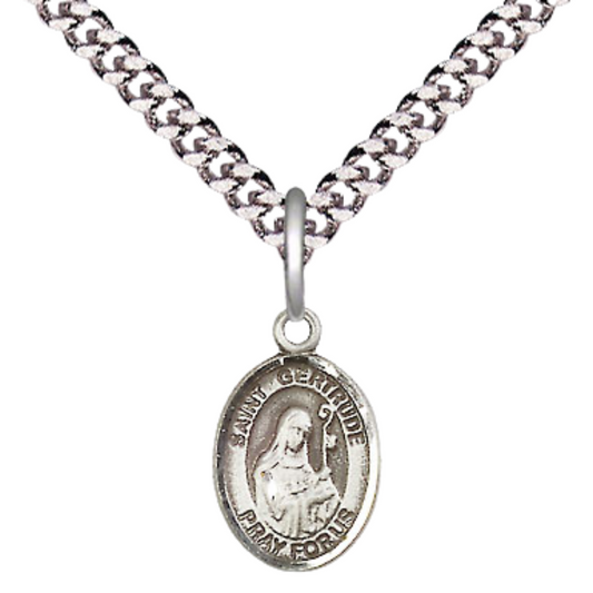 Small Sized Men's .925 Sterling Silver Saint St. Gertrude of Nivelles Medal Pendant on 24 Inch Endless Rhodium Plated Heavy Curb Brass Chain, Catholic Religious Necklace - Made in USA- Deluxe Velvet Gift Box