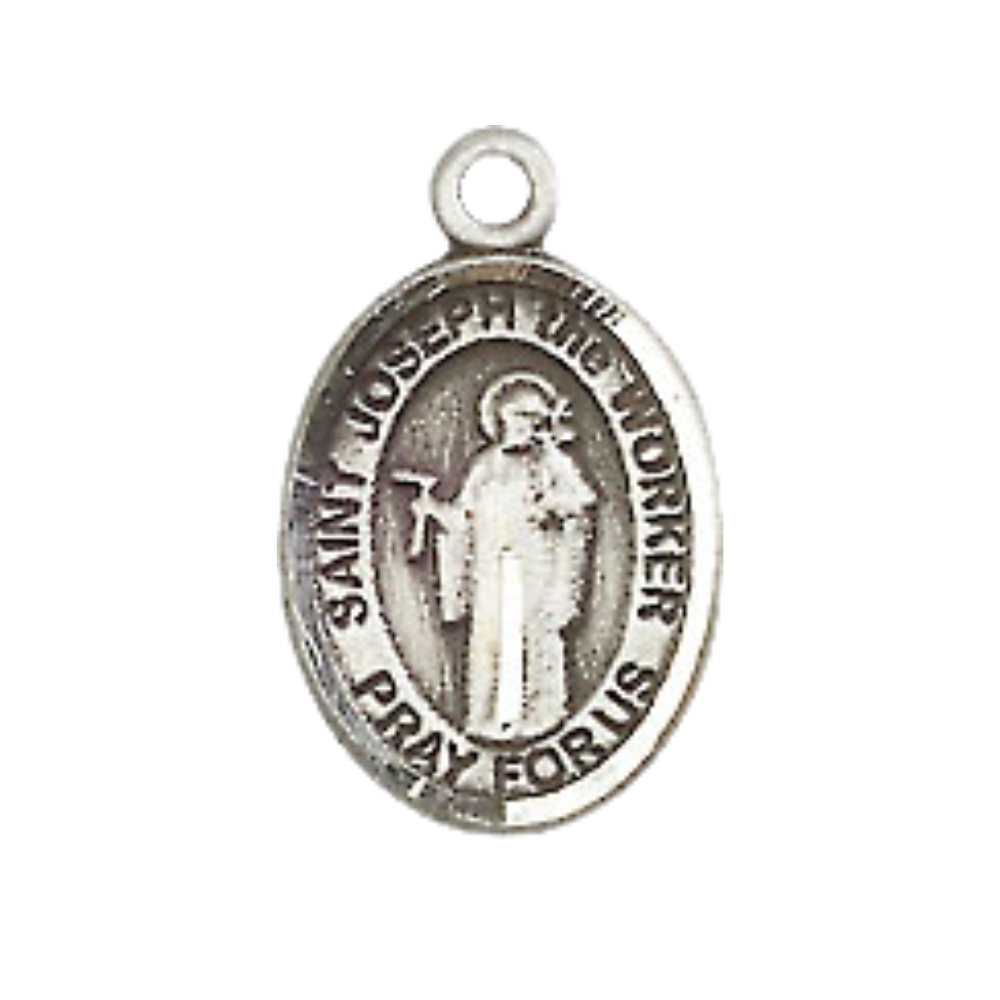 Small Sized Women's Pewter Saint St. Joseph the Worker Medal Pendant on 18 Inch Rhodium Plated Lite Curb Brass Chain with Lobster Claw Clasp, Catholic Religious Necklace - Made in USA- Velvet Gift Box