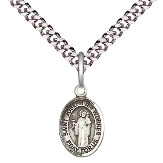 Small Sized Men's Pewter Saint St. Joseph the Worker Medal Pendant on 24 Inch Endless Rhodium Plated Heavy Curb Brass Chain, Catholic Religious Necklace - Made in USA- Deluxe Velvet Gift Box