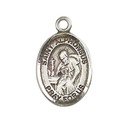 Small Sized Men's Pewter Saint St. Alphonsus Medal Pendant on 24 Inch Endless Rhodium Plated Heavy Curb Brass Chain, Catholic Religious Necklace - Made in USA- Deluxe Velvet Gift Box