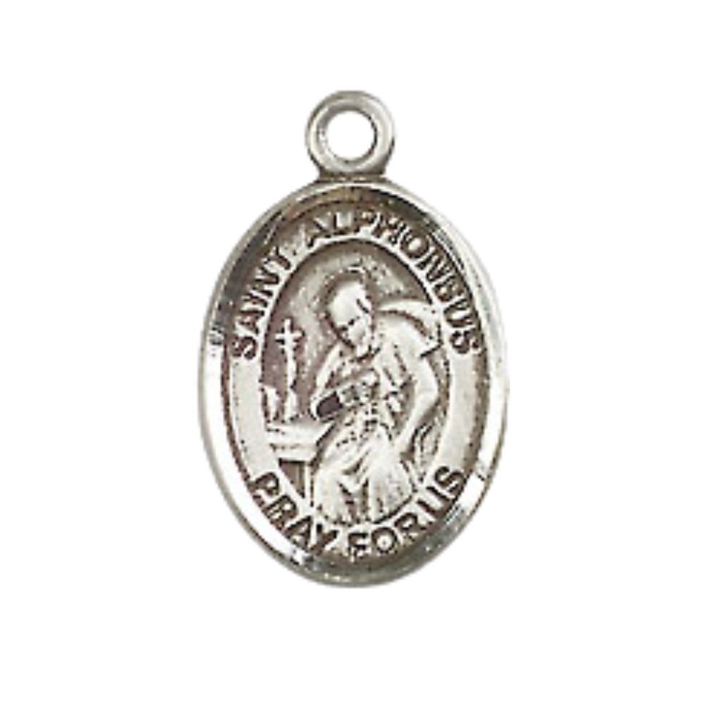 Small Sized Women's .925 Sterling Silver Saint St. Alphonsus Medal Pendant on 18 Inch Rhodium Plated Lite Curb Brass Chain with Lobster Claw Clasp, Catholic Religious Necklace - Made in USA- Velvet Gift Box