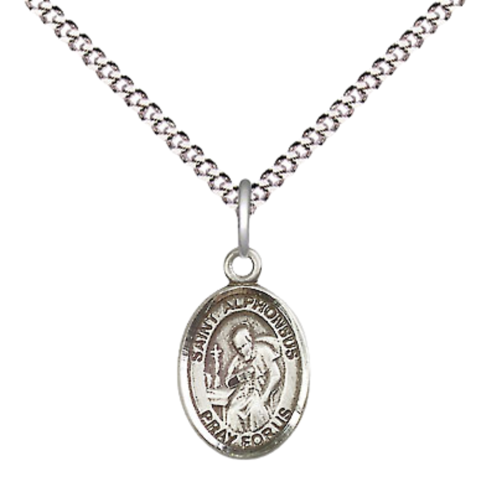 Small Sized Women's Pewter Saint St. Alphonsus Medal Pendant on 18 Inch Rhodium Plated Lite Curb Brass Chain with Lobster Claw Clasp, Catholic Religious Necklace - Made in USA- Velvet Gift Box