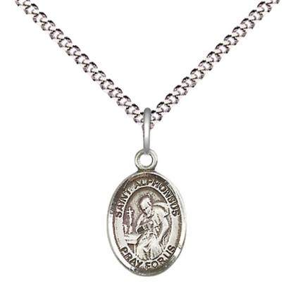 Small Sized Women's Pewter Saint St. Alphonsus Medal Pendant on 18 Inch Rhodium Plated Lite Curb Brass Chain with Lobster Claw Clasp, Catholic Religious Necklace - Made in USA- Velvet Gift Box